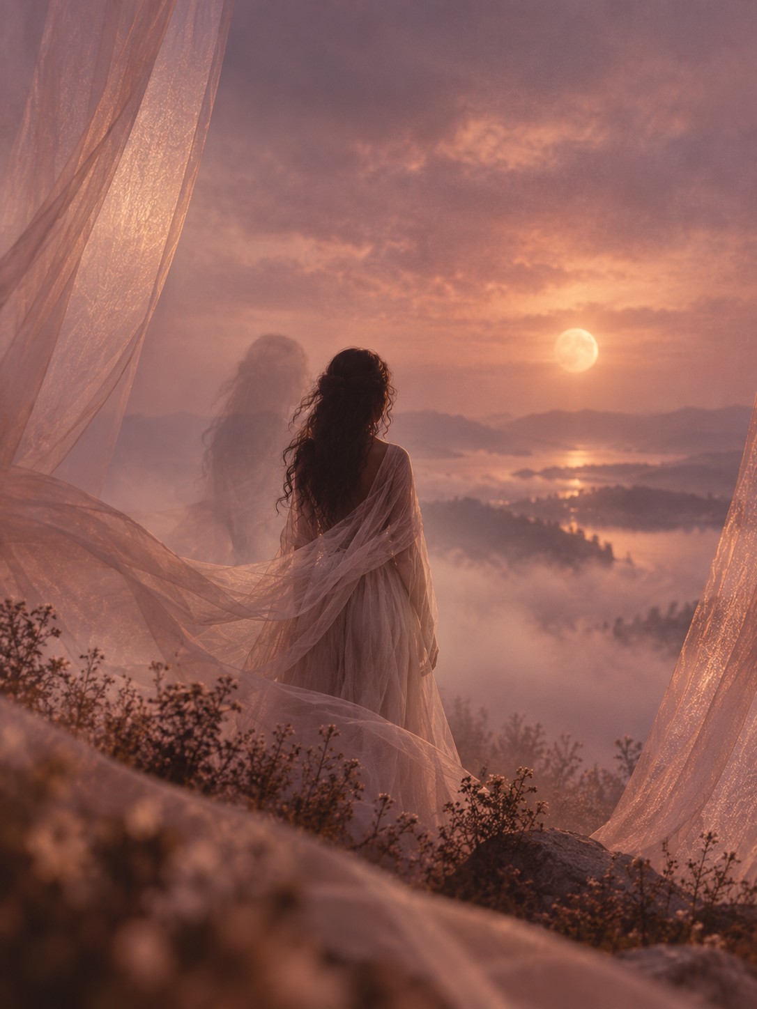 A dreamlike, turned-away silhouette in soft rose-gold twilight